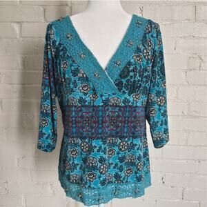 Y2K Beaded Crochet V-Neck Paisley Blouse ┃ Teal& Paisley┃Whimsigoth & Boho